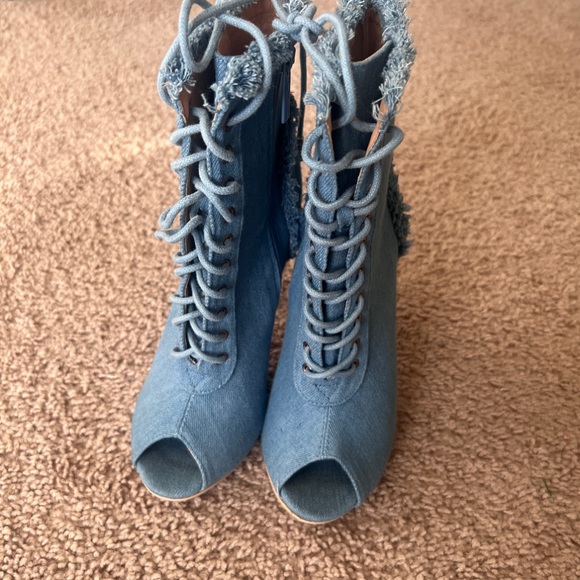 Women's Frayed Denim Peep Toe Stiletto Booties  Lace Up Size 6 - Picture 2 of 14
